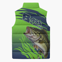 Bass Master Fishing Sleeveless Puffer Jacket with Jumping Largemouth Bass and Green Wave Pattern - Wonder Print Shop