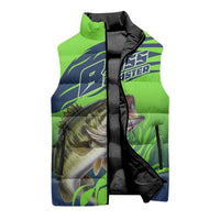Bass Master Fishing Sleeveless Puffer Jacket with Jumping Largemouth Bass and Green Wave Pattern - Wonder Print Shop