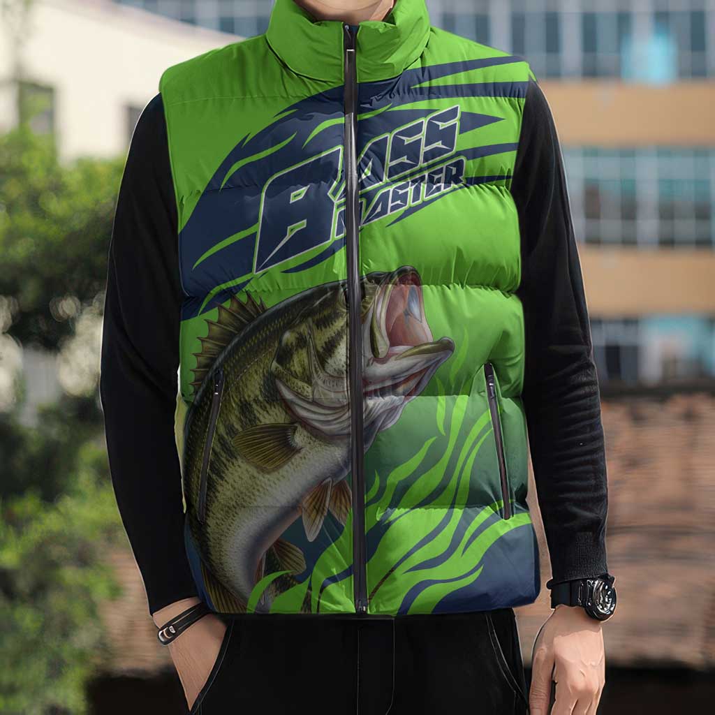 Bass Master Fishing Sleeveless Puffer Jacket with Jumping Largemouth Bass and Green Wave Pattern - Wonder Print Shop