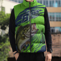 Bass Master Fishing Sleeveless Puffer Jacket with Jumping Largemouth Bass and Green Wave Pattern - Wonder Print Shop