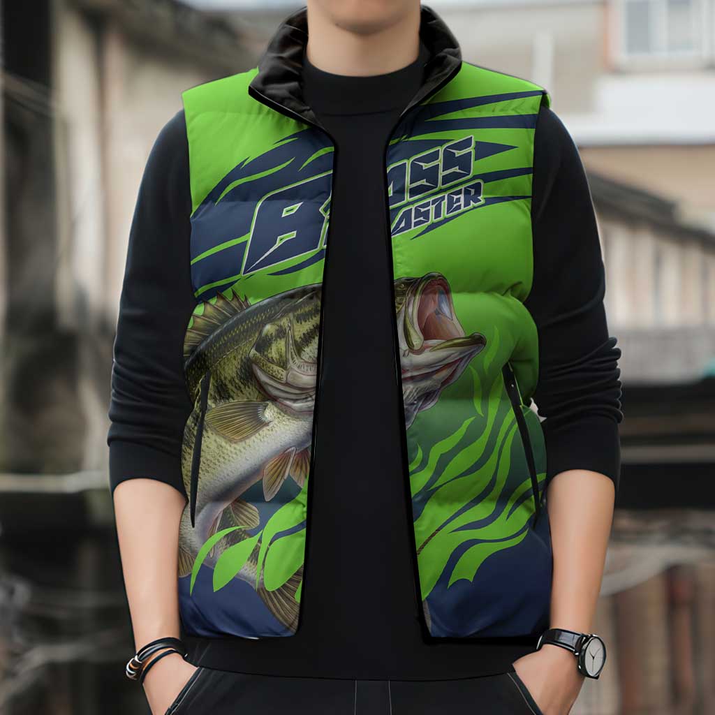 Bass Master Fishing Sleeveless Puffer Jacket with Jumping Largemouth Bass and Green Wave Pattern - Wonder Print Shop