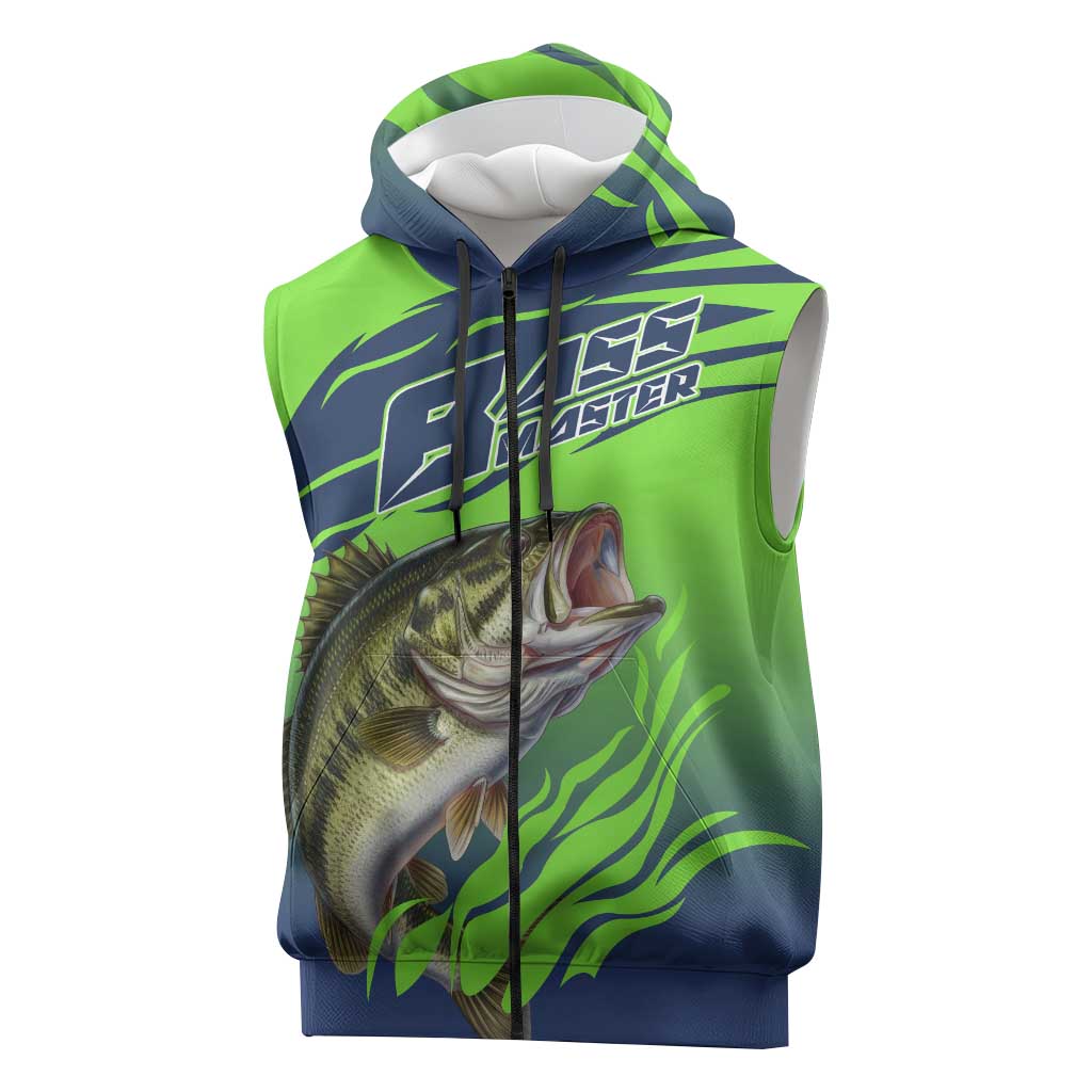 Bass Master Fishing Sleeveless Zip Hoodie with Jumping Largemouth Bass and Green Wave Pattern - Wonder Print Shop