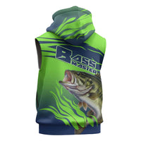 Bass Master Fishing Sleeveless Zip Hoodie with Jumping Largemouth Bass and Green Wave Pattern - Wonder Print Shop