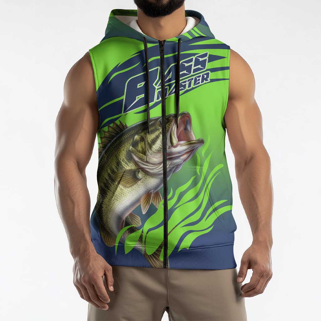 Bass Master Fishing Sleeveless Zip Hoodie with Jumping Largemouth Bass and Green Wave Pattern - Wonder Print Shop