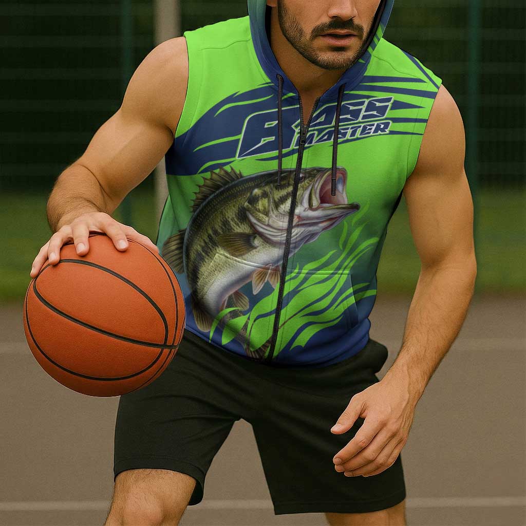 Bass Master Fishing Sleeveless Zip Hoodie with Jumping Largemouth Bass and Green Wave Pattern - Wonder Print Shop