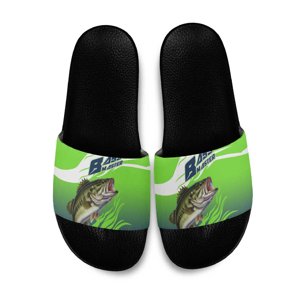 Bass Master Fishing Slide Sandals with Jumping Largemouth Bass and Green Wave Pattern - Wonder Print Shop