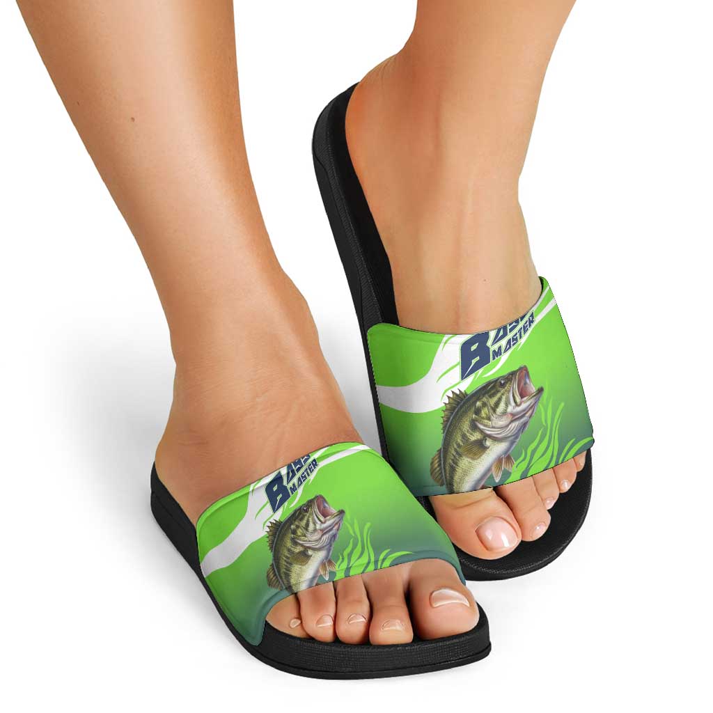 Bass Master Fishing Slide Sandals with Jumping Largemouth Bass and Green Wave Pattern - Wonder Print Shop