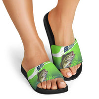 Bass Master Fishing Slide Sandals with Jumping Largemouth Bass and Green Wave Pattern - Wonder Print Shop