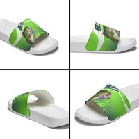 Bass Master Fishing Slide Sandals with Jumping Largemouth Bass and Green Wave Pattern - Wonder Print Shop