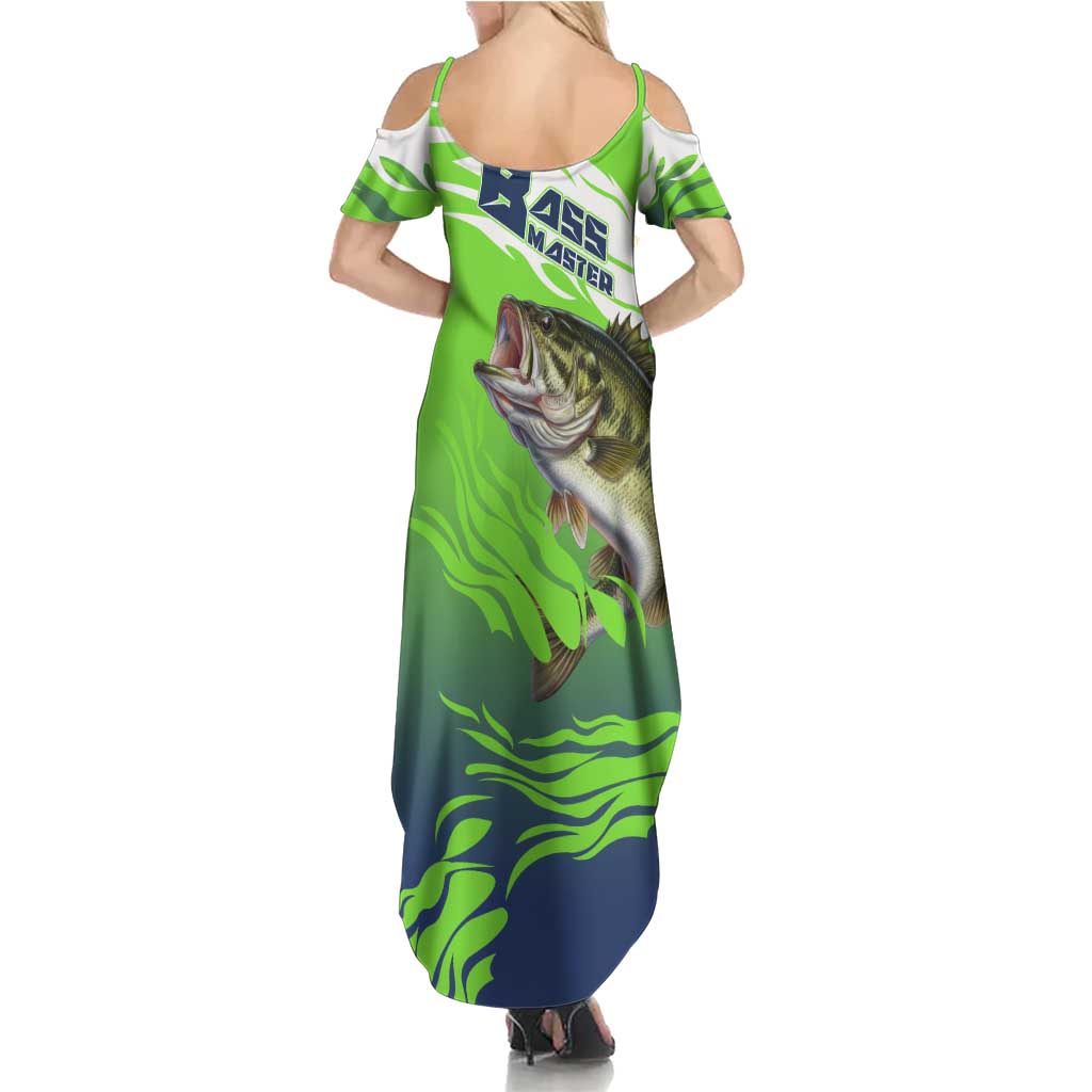 Bass Master Fishing Summer Maxi Dress with Jumping Largemouth Bass and Green Wave Pattern - Wonder Print Shop