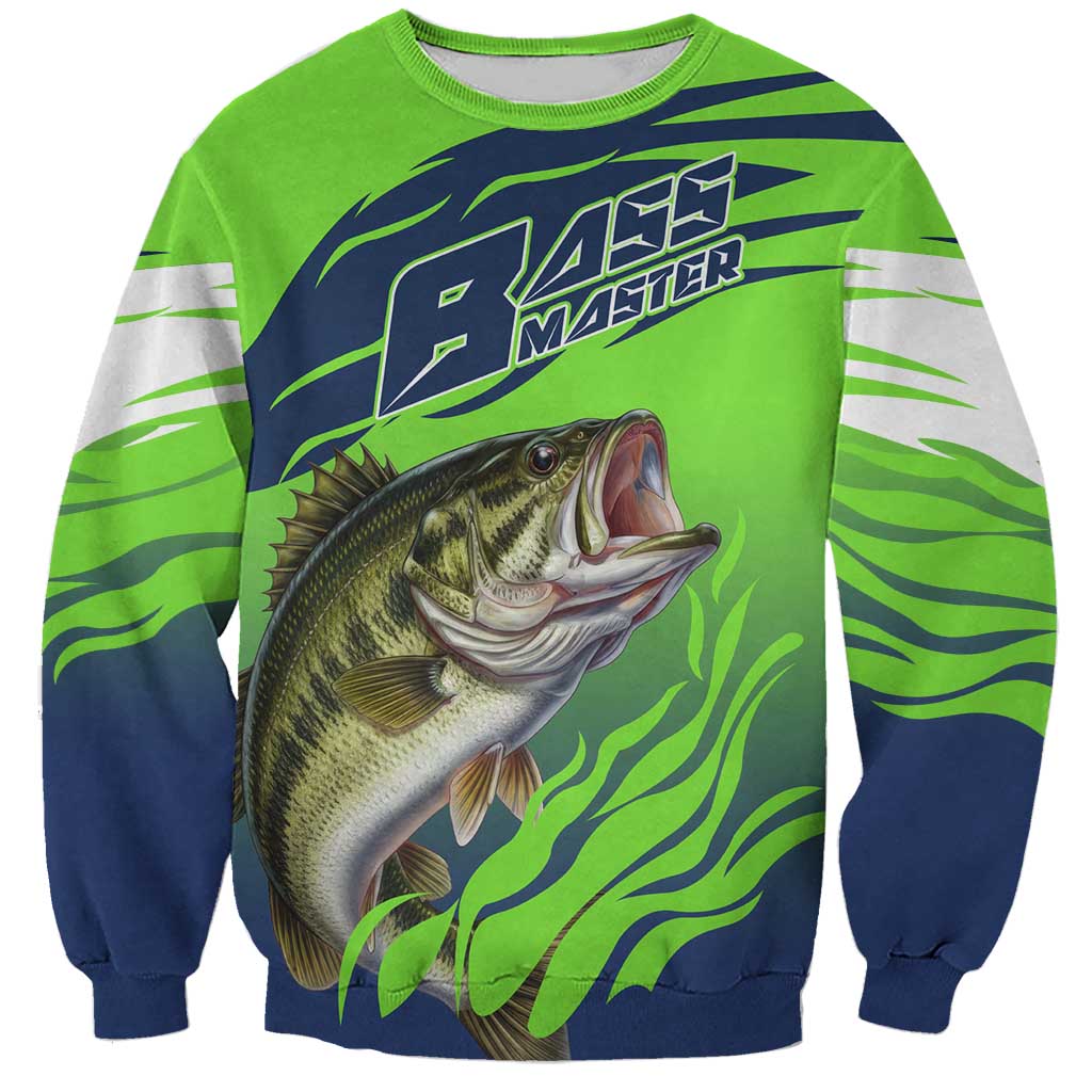 Bass Master Fishing Sweatshirt with Jumping Largemouth Bass and Green Wave Pattern - Wonder Print Shop