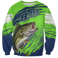 Bass Master Fishing Sweatshirt with Jumping Largemouth Bass and Green Wave Pattern - Wonder Print Shop