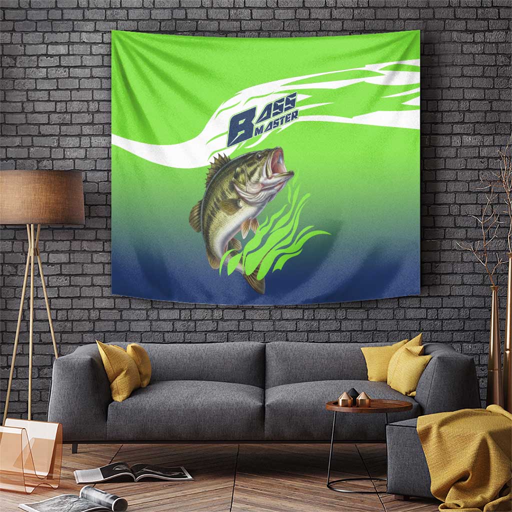 Bass Master Fishing Tapestry with Jumping Largemouth Bass and Green Wave Pattern - Wonder Print Shop