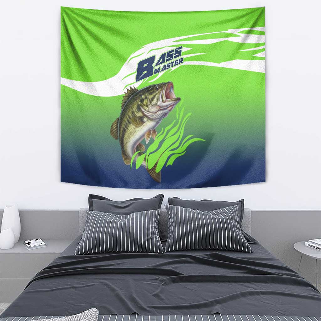 Bass Master Fishing Tapestry with Jumping Largemouth Bass and Green Wave Pattern - Wonder Print Shop