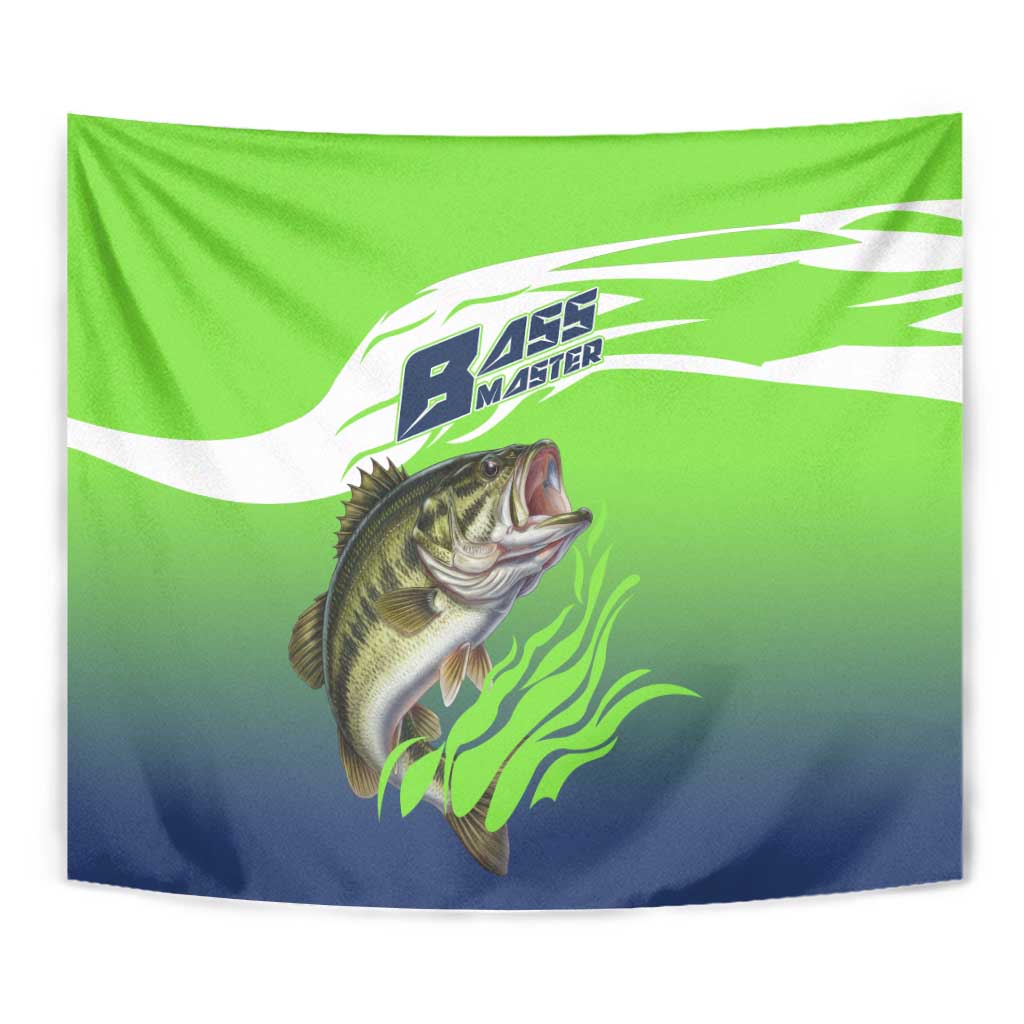 Bass Master Fishing Tapestry with Jumping Largemouth Bass and Green Wave Pattern - Wonder Print Shop