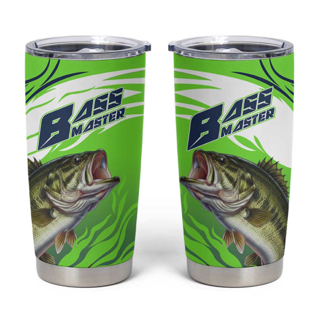 Bass Master Fishing Tumbler Cup with Jumping Largemouth Bass and Green Wave Pattern - Wonder Print Shop