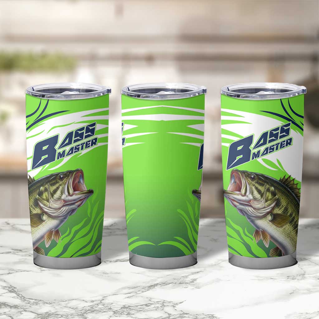 Bass Master Fishing Tumbler Cup with Jumping Largemouth Bass and Green Wave Pattern - Wonder Print Shop