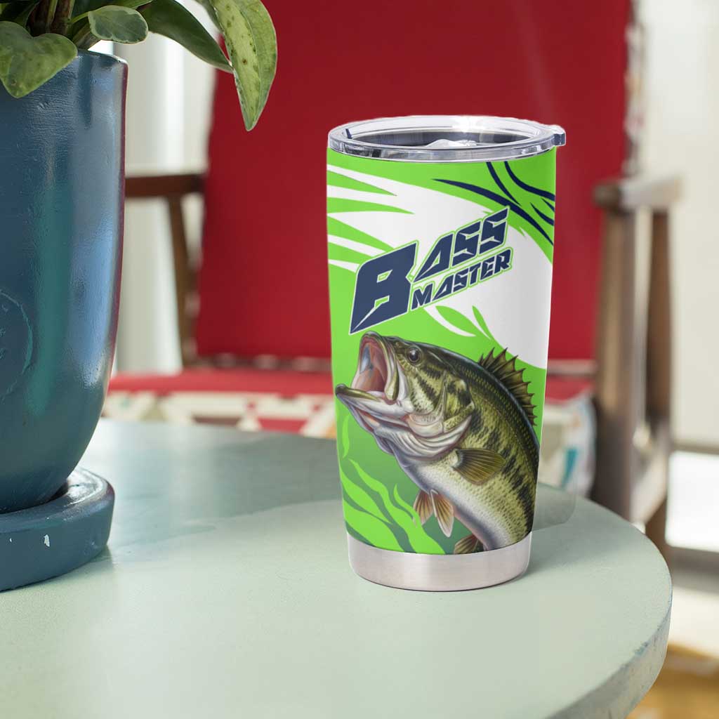 Bass Master Fishing Tumbler Cup with Jumping Largemouth Bass and Green Wave Pattern - Wonder Print Shop