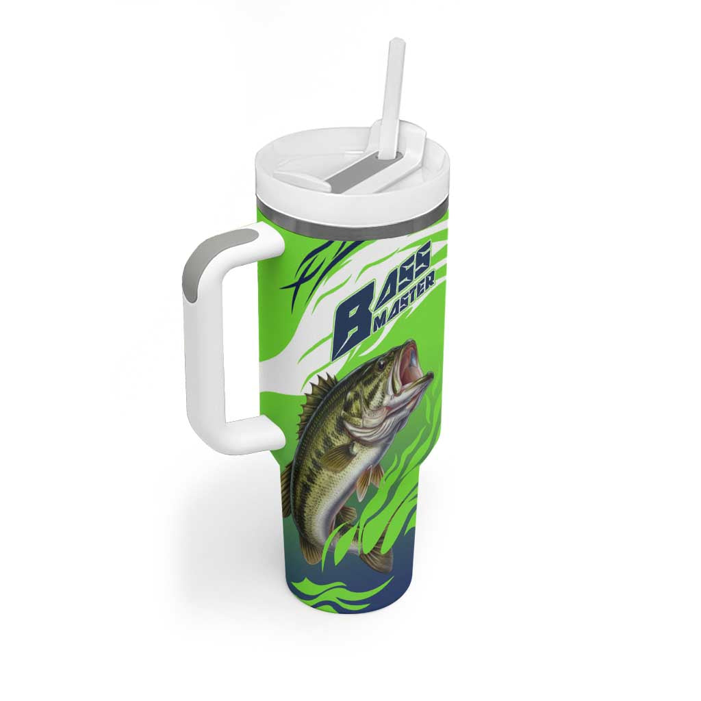 Bass Master Fishing Tumbler With Handle with Jumping Largemouth Bass and Green Wave Pattern - Wonder Print Shop