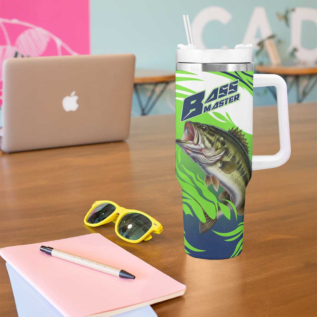 Bass Master Fishing Tumbler With Handle with Jumping Largemouth Bass and Green Wave Pattern - Wonder Print Shop