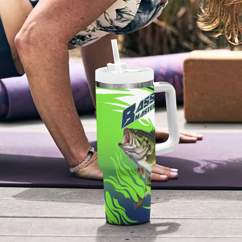 Bass Master Fishing Tumbler With Handle with Jumping Largemouth Bass and Green Wave Pattern - Wonder Print Shop