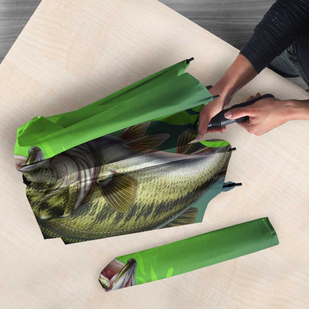 Bass Master Fishing Umbrella with Jumping Largemouth Bass and Green Wave Pattern - Wonder Print Shop