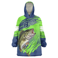 Bass Master Fishing Wearable Blanket Hoodie with Jumping Largemouth Bass and Green Wave Pattern - Wonder Print Shop