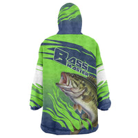 Bass Master Fishing Wearable Blanket Hoodie with Jumping Largemouth Bass and Green Wave Pattern - Wonder Print Shop