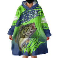 Bass Master Fishing Wearable Blanket Hoodie with Jumping Largemouth Bass and Green Wave Pattern - Wonder Print Shop