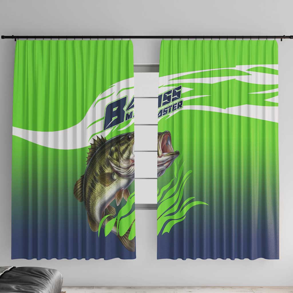 Bass Master Fishing Window Curtain with Jumping Largemouth Bass and Green Wave Pattern - Wonder Print Shop