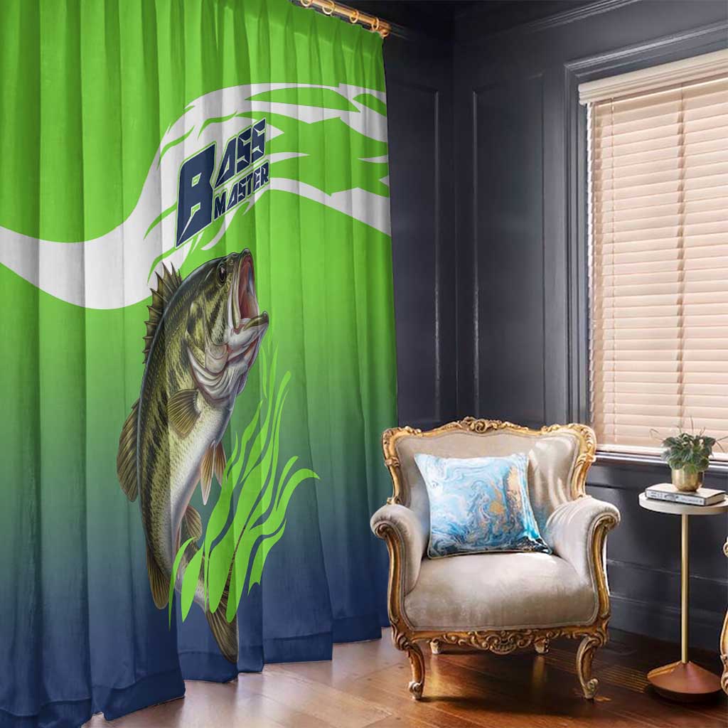 Bass Master Fishing Window Curtain with Jumping Largemouth Bass and Green Wave Pattern - Wonder Print Shop