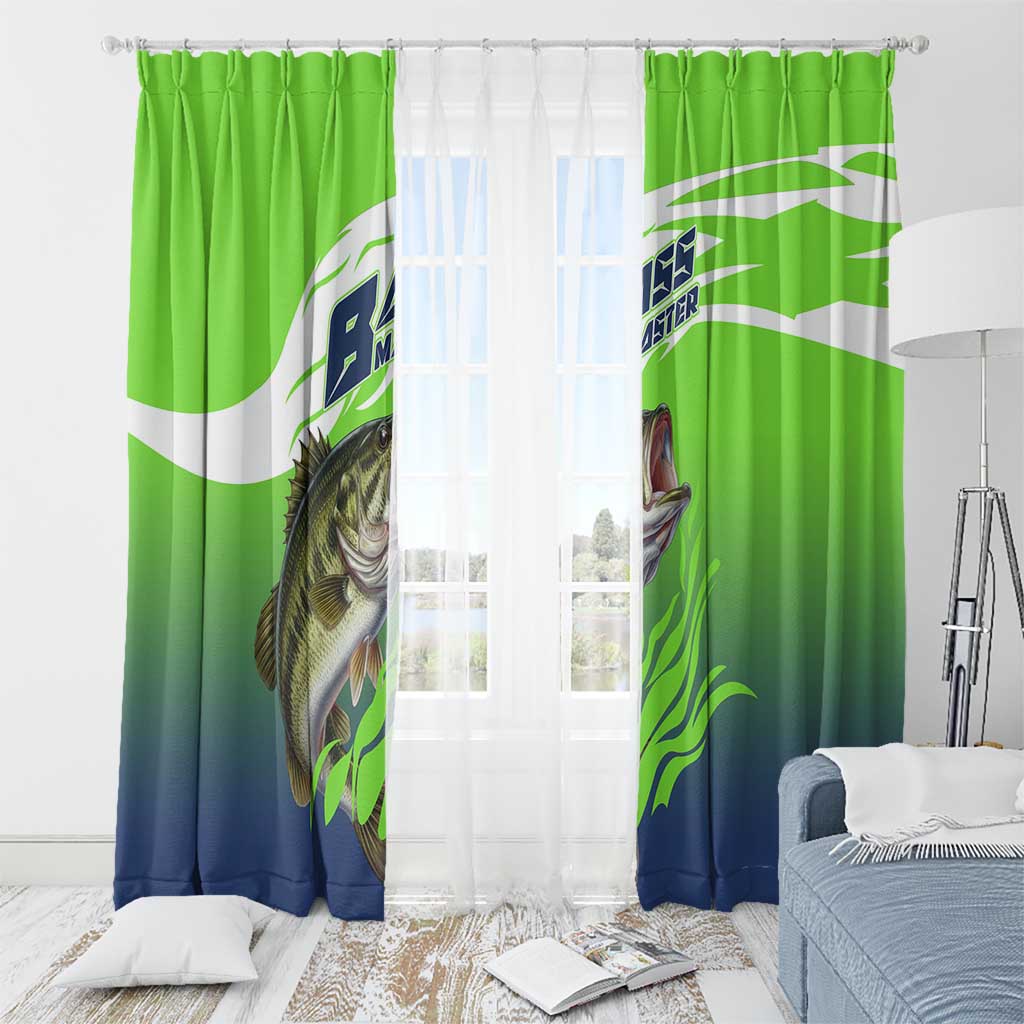 Bass Master Fishing Window Curtain with Jumping Largemouth Bass and Green Wave Pattern - Wonder Print Shop