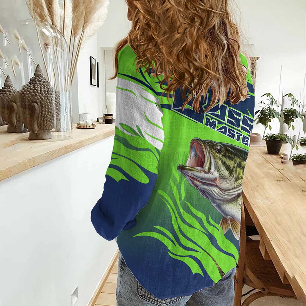 Bass Master Fishing Women Casual Shirt with Jumping Largemouth Bass and Green Wave Pattern - Wonder Print Shop