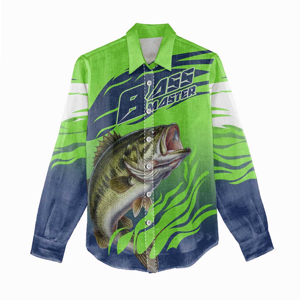 Bass Master Fishing Women Casual Shirt with Jumping Largemouth Bass and Green Wave Pattern - Wonder Print Shop