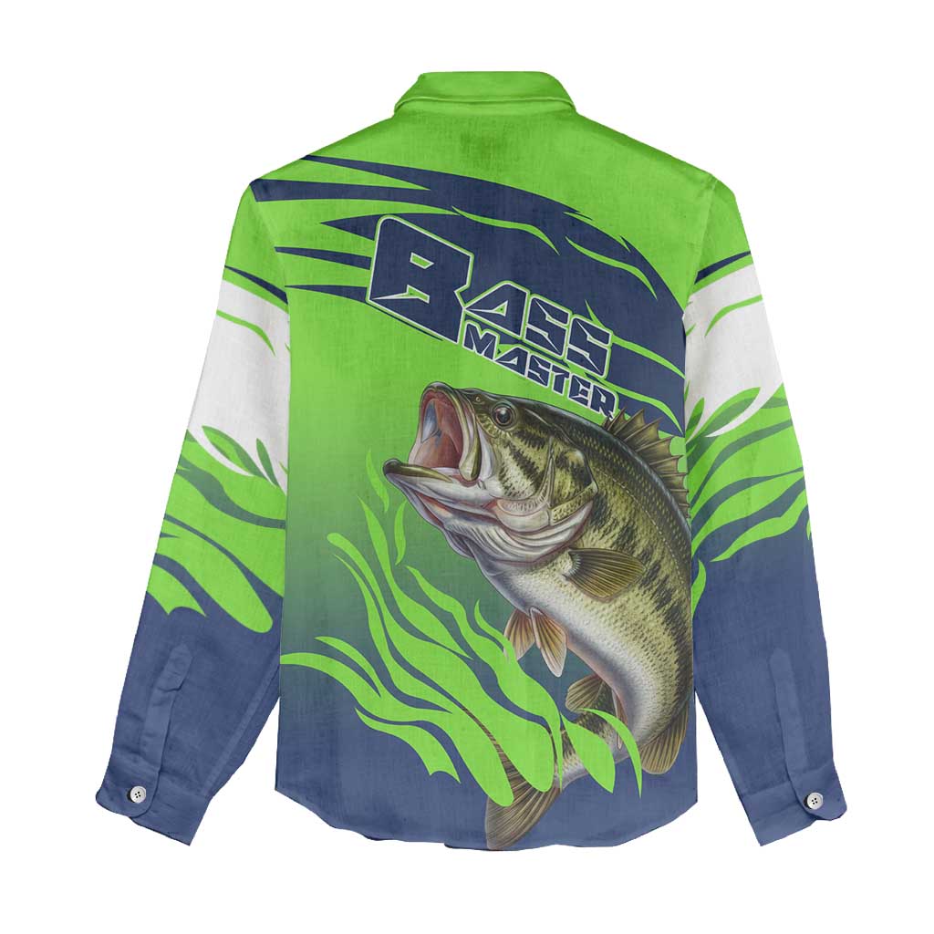 Bass Master Fishing Women Casual Shirt with Jumping Largemouth Bass and Green Wave Pattern - Wonder Print Shop