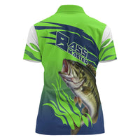 Bass Master Fishing Women Polo Shirt with Jumping Largemouth Bass and Green Wave Pattern - Wonder Print Shop