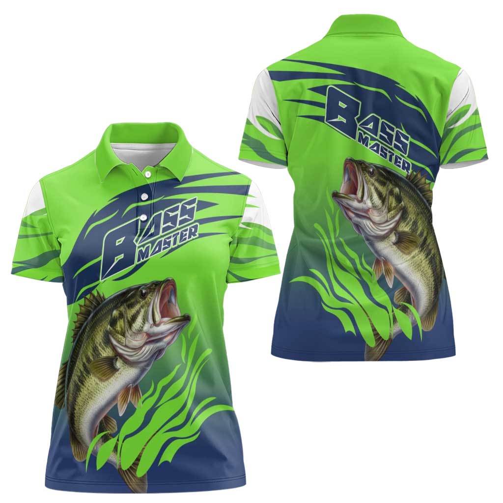 Bass Master Fishing Women Polo Shirt with Jumping Largemouth Bass and Green Wave Pattern - Wonder Print Shop