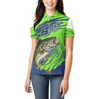Bass Master Fishing Women Polo Shirt with Jumping Largemouth Bass and Green Wave Pattern - Wonder Print Shop