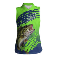 Bass Master Fishing Women Sleeveless Polo Shirt with Jumping Largemouth Bass and Green Wave Pattern - Wonder Print Shop