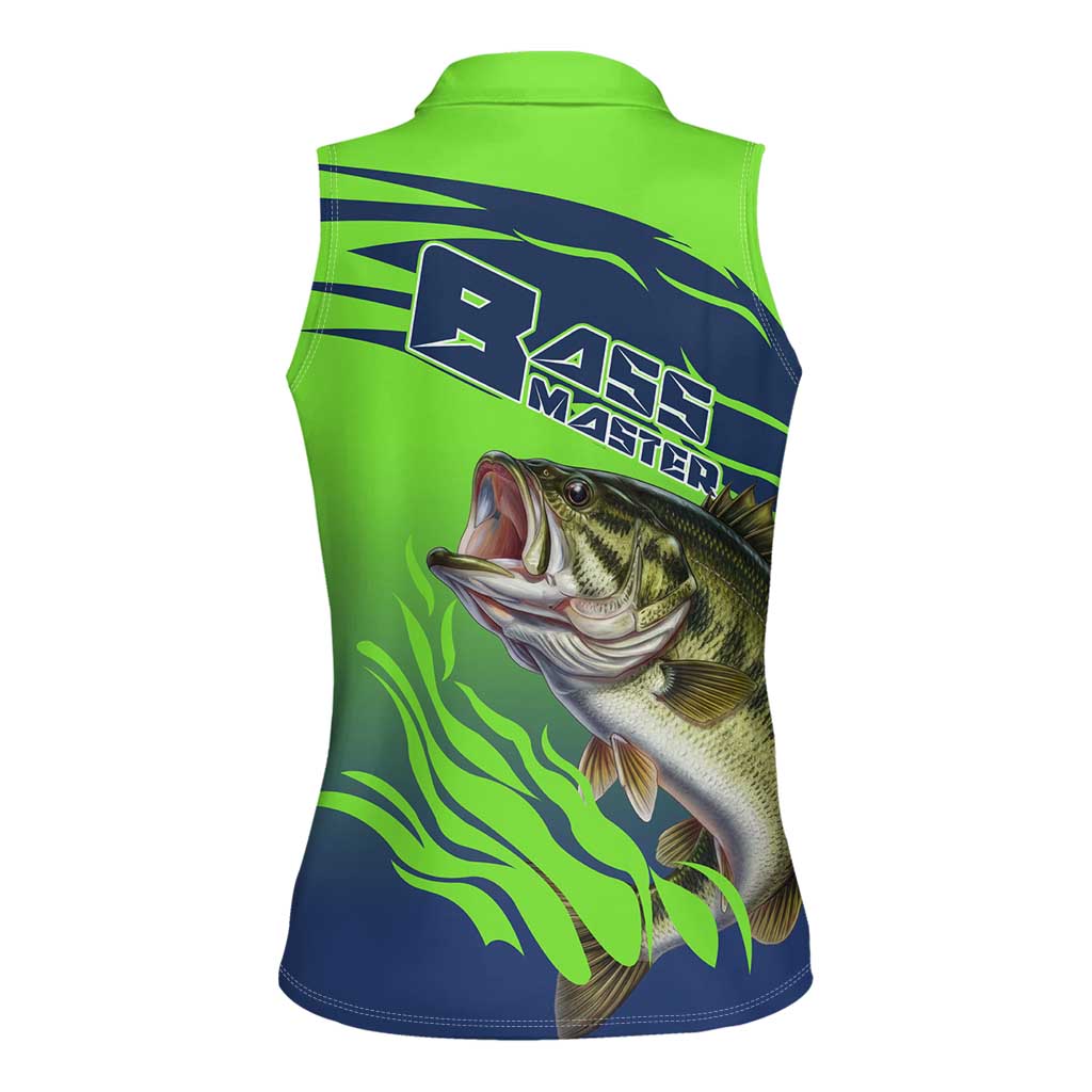 Bass Master Fishing Women Sleeveless Polo Shirt with Jumping Largemouth Bass and Green Wave Pattern - Wonder Print Shop
