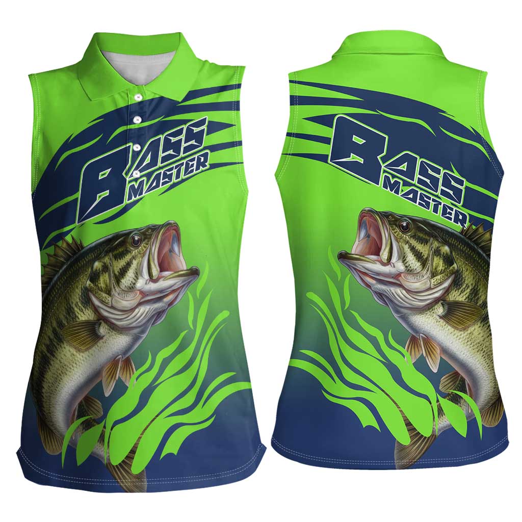 Bass Master Fishing Women Sleeveless Polo Shirt with Jumping Largemouth Bass and Green Wave Pattern - Wonder Print Shop