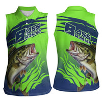 Bass Master Fishing Women Sleeveless Polo Shirt with Jumping Largemouth Bass and Green Wave Pattern - Wonder Print Shop