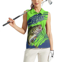 Bass Master Fishing Women Sleeveless Polo Shirt with Jumping Largemouth Bass and Green Wave Pattern - Wonder Print Shop