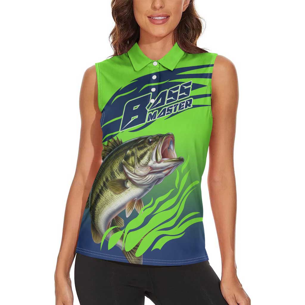 Bass Master Fishing Women Sleeveless Polo Shirt with Jumping Largemouth Bass and Green Wave Pattern - Wonder Print Shop