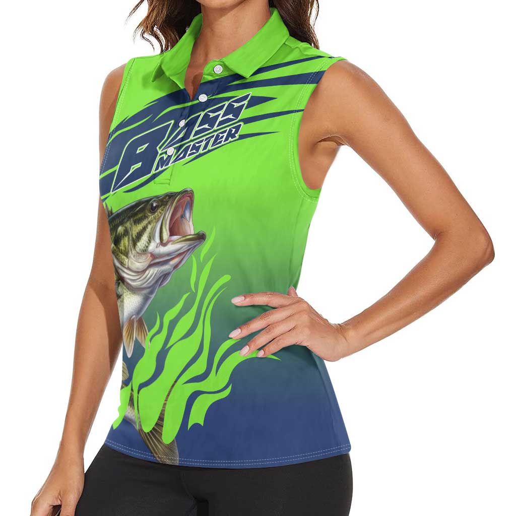Bass Master Fishing Women Sleeveless Polo Shirt with Jumping Largemouth Bass and Green Wave Pattern - Wonder Print Shop