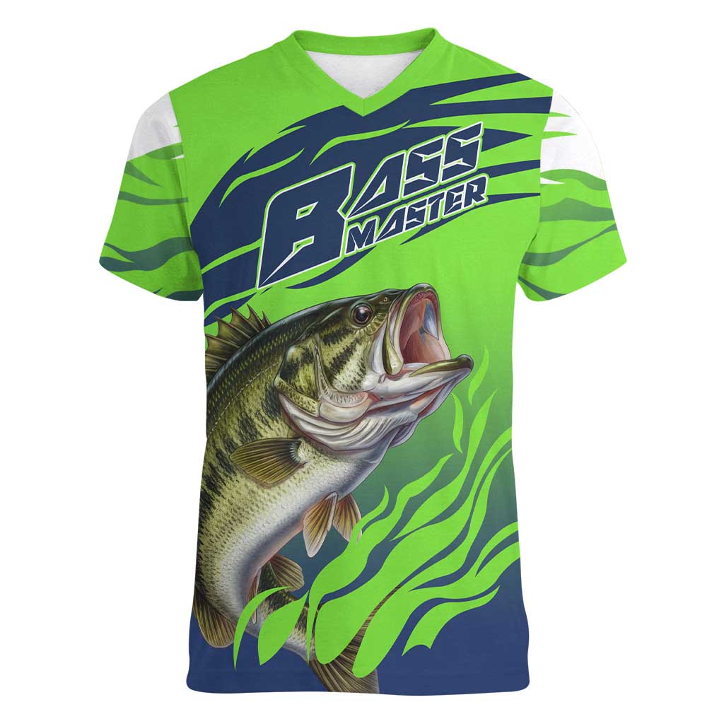 Bass Master Fishing Women V-Neck T-Shirt with Jumping Largemouth Bass and Green Wave Pattern - Wonder Print Shop