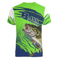 Bass Master Fishing Women V-Neck T-Shirt with Jumping Largemouth Bass and Green Wave Pattern - Wonder Print Shop