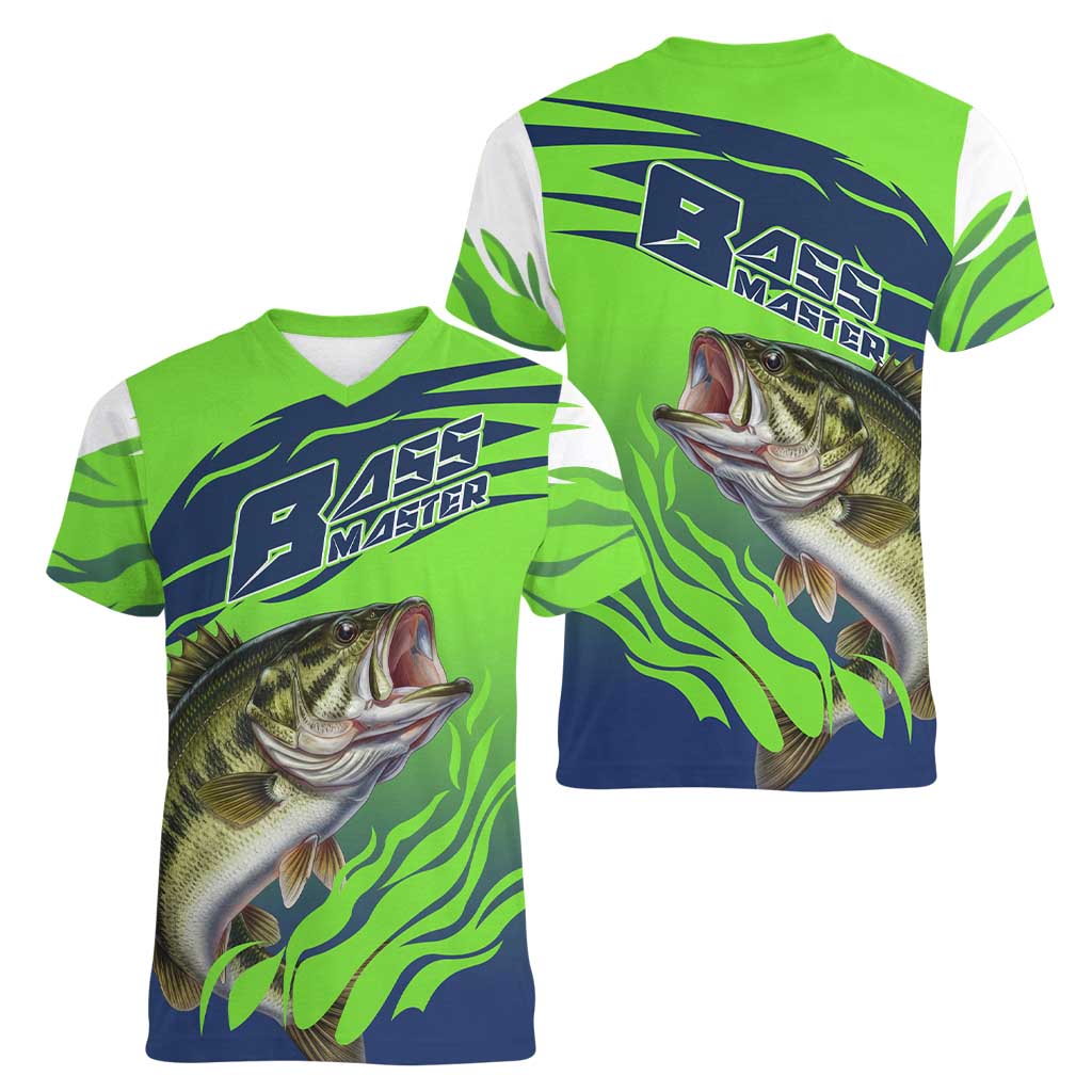 Bass Master Fishing Women V-Neck T-Shirt with Jumping Largemouth Bass and Green Wave Pattern - Wonder Print Shop