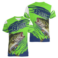 Bass Master Fishing Women V-Neck T-Shirt with Jumping Largemouth Bass and Green Wave Pattern - Wonder Print Shop