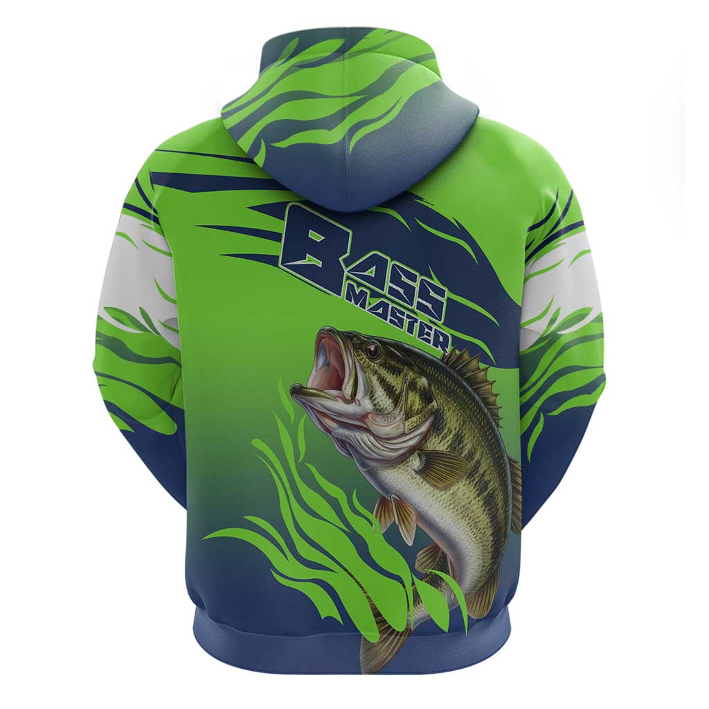 Bass Master Fishing Zip Hoodie with Jumping Largemouth Bass and Green Wave Pattern - Wonder Print Shop